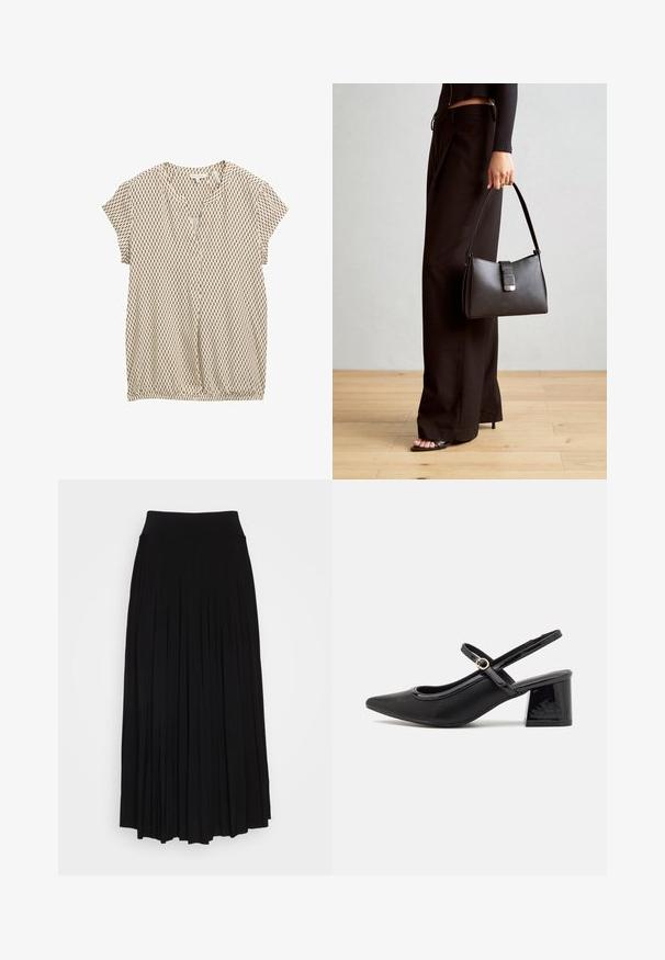 Light beige short-sleeve blouse featuring a vertical pattern with dark blue rectangles, V-neckline, and elastic gathered hem.; Black pleated skirt with a high, stretchy waistband. Made from soft fabric, featuring vertical pleats for a flowing silhouette.; Black patent leather slingback heels with a pointed toe, a rounded cutout design, and a block heel. Features a gold-tone buckle accent.; Black handbag with structured shape, smooth texture, and a metallic clasp. Paired with wide black pants and open-toe sandals on wooden floor.