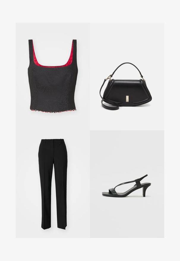 Musthave musthave crop shirt, mille textuuri, ruudukujuline dekoltee ja punane vooder. Omab dekoratiivset pärlitest äärt punase ja musta värvi kombinatsioonis.; Mustad ja sirged püksid, millel on sile tekstuur ja teravad voldid esiosas. Ilma nähtavate detailideta.; Mustad musta kõrge kontsaga sandaalid, millel on õhuke rihmastik, ruudukujuline nina ja keskmise kõrgusega plokknina. Valmistatud siledast nahast mattviimistlusega.; Must mustrist käekott, millel on struktureeritud disain, lühendatud kuju, ülemine käepide ja kuldne metallist detail. Reguleeritav õlalihm on kaasas.