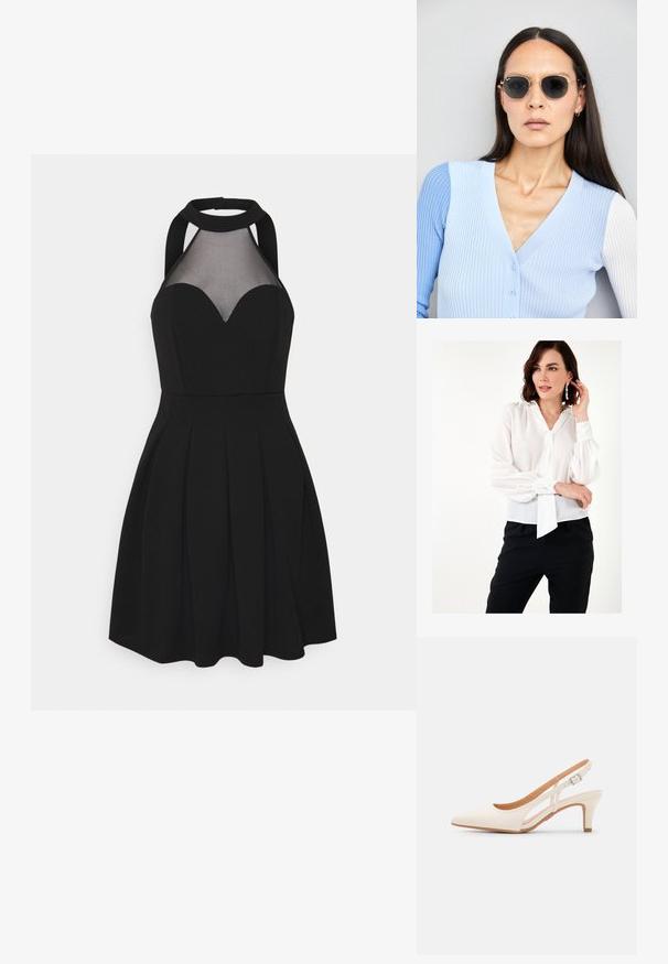 White, sheer blouse with balloon sleeves, a neckline bow tie, and buttoned cuffs, paired with black pants. Smooth texture.; Black dress with a halter neck and mesh panel. Features a sweetheart neckline, pleated skirt, and fitted bodice. Smooth fabric texture.; White slingback heel with a pointed toe, smooth upper material, low block heel, and side cut-out design with adjustable buckle strap.; Round sunglasses with dark lenses and gold frames. The model wears a light blue, ribbed cardigan with buttons and contrast white sleeves.; Michael Kors wristlet in beige coated canvas featuring a repeating MK logo pattern, gold hardware, and a detachable chain strap.