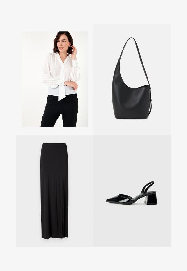 Witte, doorschijnende blouse met ballonnenmouwen, een strik bij de halslijn en knoopmanchetten, gecombineerd met zwarte broeken. Glad textuur.; Zwarte maxi rok van zacht, rekbaar materiaal. Heeft een zijsplit en een eenvoudig, gestroomlijnd ontwerp zonder versieringen.; Zwarte gepatineerde leren slingback hakken met een spitse neus en een geometrische blokhak. Kenmerkt zich door een slank, minimalistisch ontwerp en een gladde textuur.; Zwarte leren hobo tas met een gladde textuur, kromme vorm en een enkele verstelbare schouderband; heeft een brede opening aan de bovenkant.