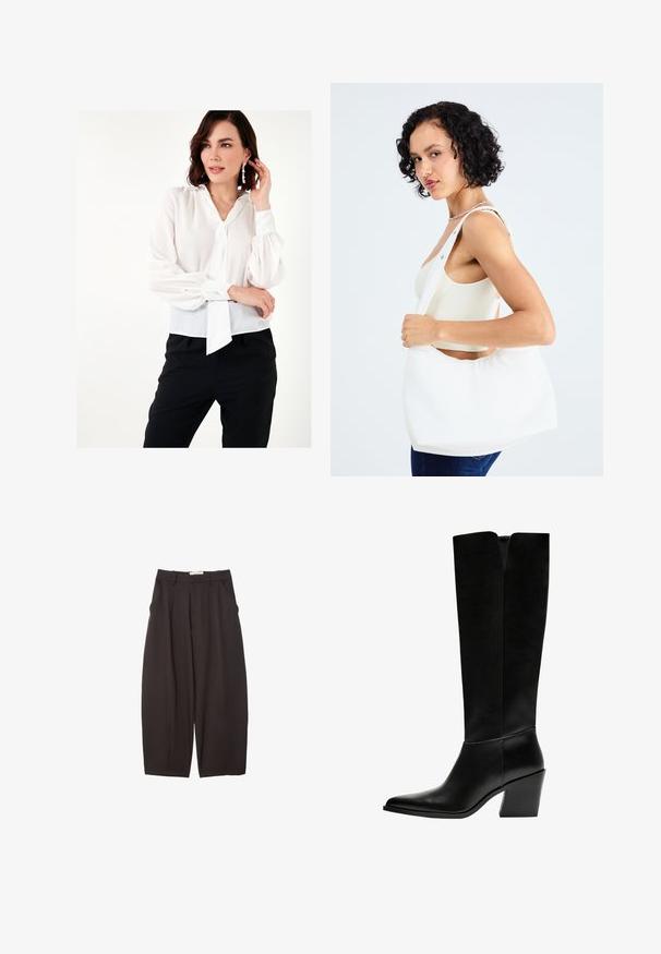 Hvid, gennemsigtig bluse med ballonærmer, en halskæde-sløjfe og knaplukninger ved håndleddene, parret med sorte bukser. Glat tekstur.; Sorte brede bukser lavet af et glat stof, med høj talje, forfaldne folder og sidelommer. Simpelt design uden udsmykninger.; Sorte knæhøje støvler lavet af glat læder, med spids tå, blokhæl og en V-formet udskæring foroven.; Hvid skuldertaske lavet af glat materiale med en oval udskæring og bred stropdesign. Enkel og moderne med ingen synlig hardware.