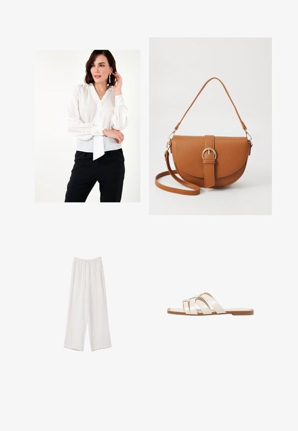 Witte, doorschijnende blouse met ballonnenmouwen, een strik bij de halslijn en knoopmanchetten, gecombineerd met zwarte broeken. Glad textuur.; Witte wijde broek gemaakt van een lichte stof. Voorzien van een elastische tailleband met een trekkoord en zijzakken. Zachte textuur.; Vlakke sandalen met een tan rubberen zool, ontworpen met drie overlappende witte leren banden en een kleine strikdetail in het midden.; Bruine leren schoudertas met een gebogen vorm, gouden hardware en een gespaccent. Bevat een afneembare schouderriem.