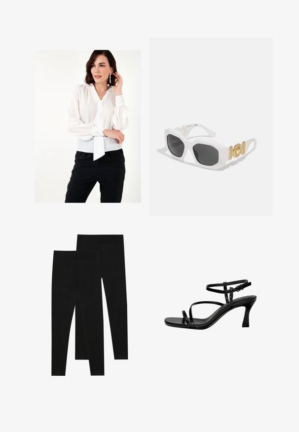Witte, doorschijnende blouse met ballonnenmouwen, een strik bij de halslijn en knoopmanchetten, gecombineerd met zwarte broeken. Glad textuur.; Zwarte leggings van rekbaar materiaal, met een naadloze tailleband en een slank ontwerp, geschikt voor casual wear of lichaamsbeweging.; Zwarte leren sandaaltjes met hak, voorzien van dunne bandjes, een vierkante teen en een stilettohak. Verstelbare enkelband voor de juiste pasvorm. Glad textuur.; Witte octagonale zonnebril met donkere lenzen. Bevat gouden hardware accenten en een gestructureerd ontwerp op de armen.; Zwarte synthetische schoudertas met een gebogen silhouet, textuurafwerking, gouden driehoeklogo en afneembare hardwareaccenten.