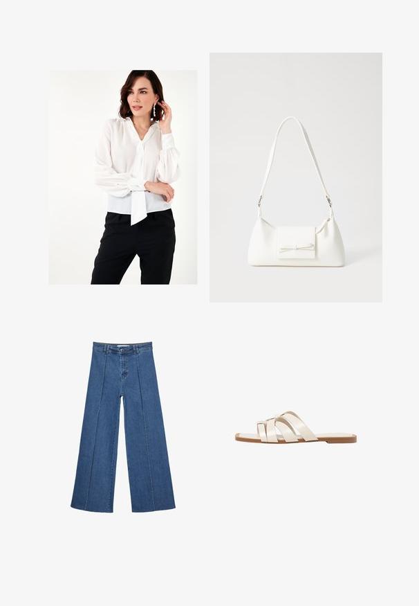 Weiße, transparente Bluse mit Ballonärmeln, einem Krawatten-Ausschnitt und geknöpften Manschetten, kombiniert mit schwarzen Hosen. Glatte Textur.; Weite Jeans aus Denim in Mittelblau, mit hoher Taille, Knopfverschluss und kontrastierenden vertikalen Nahtdetails an der Vorderseite.; Flache Sandalen mit einer honigfarbenen Gummisohle, gestaltet mit drei überlappenden weißen Lederriemen und einem kleinen Schleifendetail in der Mitte.; Weiße synthetische Handtasche in dreieckiger Form, flache Vorderklappe und Schleifendetail, verstellbarer Trageriemen, glatte Textur und minimalistisches Design.