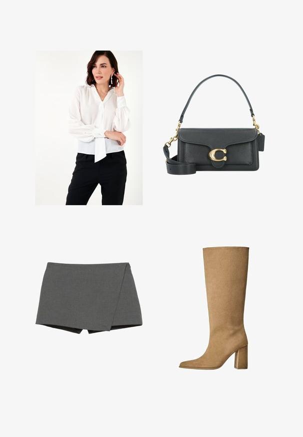 Bijela, prozirna bluzica s balon rukavima, mašnom na izrezu i dugmadi na manžetama, u kombinaciji s crnim hlačama. Glatka tekstura.; Sive wrap-style kratke hlače napravljene od glatkog materijala, s dijagonalnim rezom i čistim rubovima. Nema vidljivih metalnih dijelova ili ukrasa.; Bež nubuk čizme do koljena s blok potplatom, s izduženim vrhom i glatkom teksturom. Minimalistički dizajn bez ukrasa.; Crna kožna torba s zlatnim hardverom, koja ima prepoznatljivu kopču, odvojivi remen za ramen, te teksturiranu površinu.