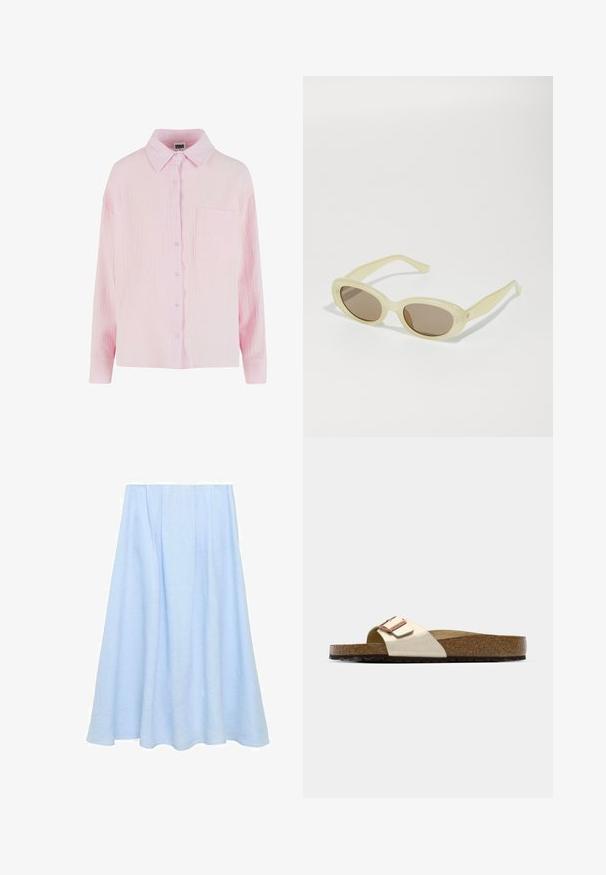 Lichtroze overhemdd met een gestructureerde, gekreukte stof, met kraag, lange mouwen en een enkele borstzak.; Een lichtblauwe, knie-lange A-lijn rok van linnen, met plooien en een gladde textuur zonder patronen of versieringen.; Slide-sandaal met een lichte metallic bovenkant, kurken voetbed en een gestructureerde bruine rubberen zool. Gespdetail met logo-accent.; Ovale zonnebril met een doorschijnend lichtgeel frame en bruine glazen. Heeft een soepele textuur en subtiele hardwareaccenten aan de zijkanten.