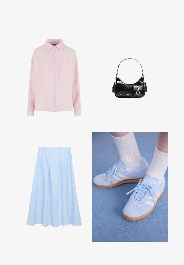 Vaaleanpunainen napitettava paita, jossa on teksturoitu, ryppyinen kangas, kauluspään malli, pitkät hihat ja yksi rintatasku.; Knee-length A-linjainen hame, joka on vaaleansinistä pellavaa, jossa on poimutuksia ja sileä rakenne ilman kuvioita tai koristeita.; Vaaleansiniset nahkaiset lenkkarit, joissa on valkoiset raidat, litteät nauhat ja kumipohja. Raitalongat valkoiset sukat ovat käytössä nilkan yläpuolella.; Mustekko mustasta kiiltonahasta valmistettu käsilaukku, jossa on kaareva muoto, yksi olkahihna, etutaskut ja hopeanväriset yksityiskohdat.