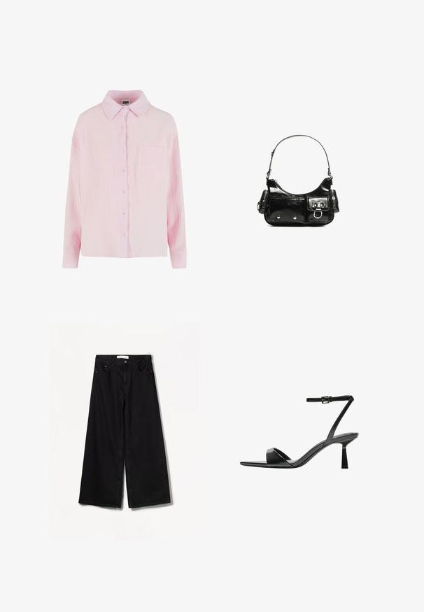 Light pink button-up shirt with a textured, crinkled fabric, collared neckline, long sleeves, and a single chest pocket.; Bershka WIDE-LEG - Wide Leg - black; Bershka High heeled sandals - black; Black patent leather handbag with a curved shape, one shoulder strap, front pockets, and silver-tone hardware accents.