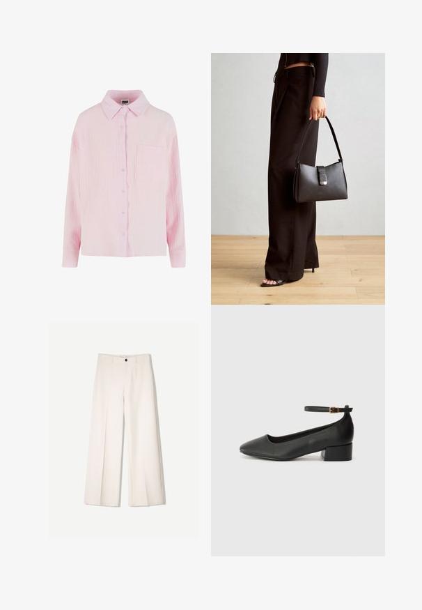 Svijetloružičasta košulja s dugim rukavima, izrađena od teksturiranog, naboranog materijala, s ovratnikom i jednim džepom na prsima.; Kreme hlače širokih nogavica s krojem koji je prilagođen, s dva prednja džepa i jednim prednjim zatvaranjem na gumb, izrađene od glatkog materijala.; Crne kožne pumpe s oštrim vrhom i niskom blok petom. Sadrže remen oko gležnja s zlatnim kopčanjem. Glatka tekstura.; Crna torba s oblikom koji sadrži strukturu, glađu teksturu i metalnu kopču. Uparena s širokim crnim hlačama i sandalama na otvorenom s drvenog poda.