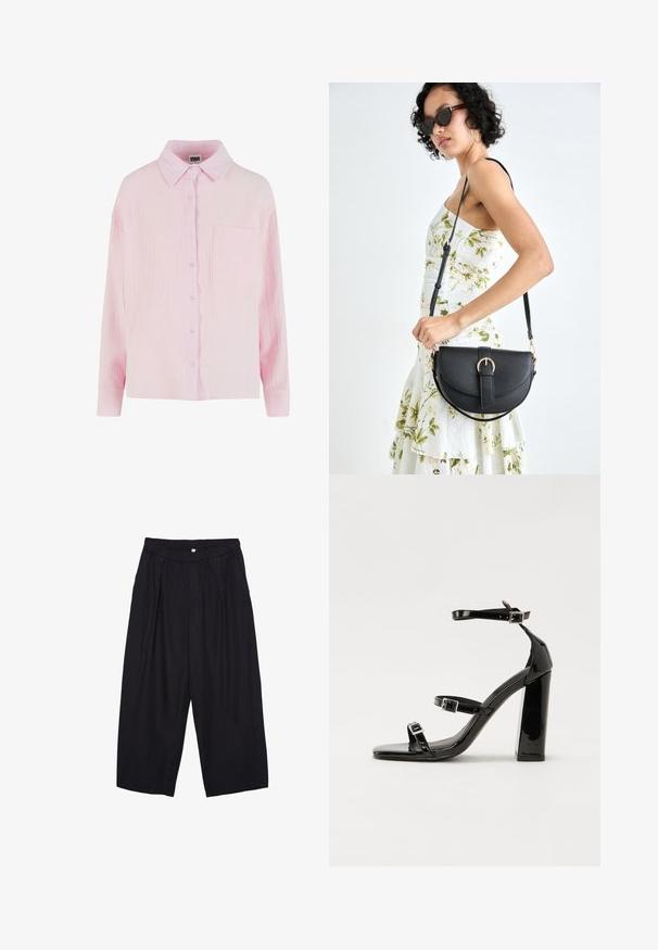 Light pink button-up shirt with a textured, crinkled fabric, collared neckline, long sleeves, and a single chest pocket.; Black polyester culotte pants with an elastic waistband, two front pleats, and a loose silhouette. No visible patterns or hardware details.; Black patent heeled sandals with a square toe, ankle straps, and silver buckles. Features a chunky block heel for stability.; Black leather handbag with a curved shape, detachable strap, and gold hardware. The bag features a flap with a buckle detail.