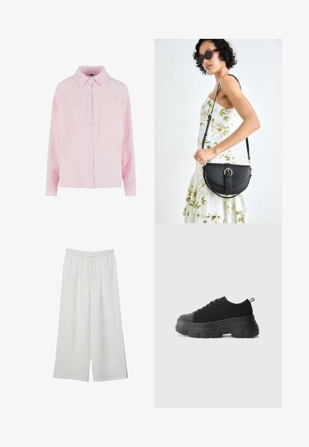 Svetloružová košeľa na gombíky s textúrovanou, zvrásnenou látkou, s golierom, dlhými rukávmi a jednou náprsnou vreckom.; Biele široké nohavice z ľahkého materiálu s elastickým pásom a šnúrkou na nastavenie veľkosti. Hladká textúra.; Čierne tenisky s masívnou gumovou podrážkou, textúrovaným textilným zvrškom, okrúhlou špičkou a šnurovaním. Obsahujú spevnené očká a zadný úchop.; Čierna kožená kabelka s zaobleným tvarom, odnímateľným popruhom a zlatými doplnkami. Kabelka má klopu s detailom s prackou.