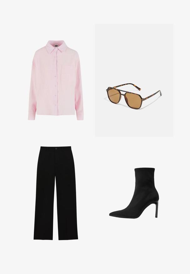 Light pink button-up shirt with a textured, crinkled fabric, collared neckline, long sleeves, and a single chest pocket.; Black, high-waisted, wide-leg trousers made of a smooth fabric, featuring a flat front, button closure, and no visible pockets.; Black ankle boot made of smooth suede, featuring a pointed toe and a high stiletto heel. Sleek, minimalist design without embellishments.; Brown-tinted sunglasses with a tortoiseshell frame, rectangular lenses, and slender arms featuring an orange accent pattern.; Brown suede handbag with a gold square clasp, top handle, and chain strap. Features a rectangular shape and rounded edges.