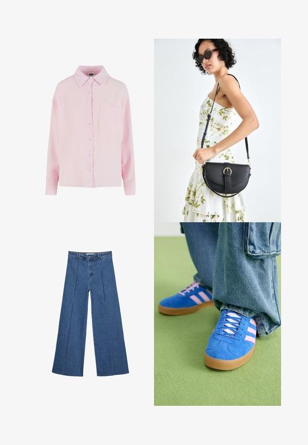 Svijetloružičasta košulja s dugim rukavima, izrađena od teksturiranog, naboranog materijala, s ovratnikom i jednim džepom na prsima.; Široke traperice u srednje plavoj boji, s visokim strukom, zatvaranjem na dugme i kontrastnim vertikalnim šavovima duž prednje strane.; Plave zamšne cipele s ružičastim prugama i bijelim vezicama, s gumenim potplatom, u kombinaciji s širokim trapericama na zelenoj podlozi.; Crna kožna torba s lukovitim oblikom, odvojivim remenom i zlatnim detaljima. Torba ima preklop s kopčom.