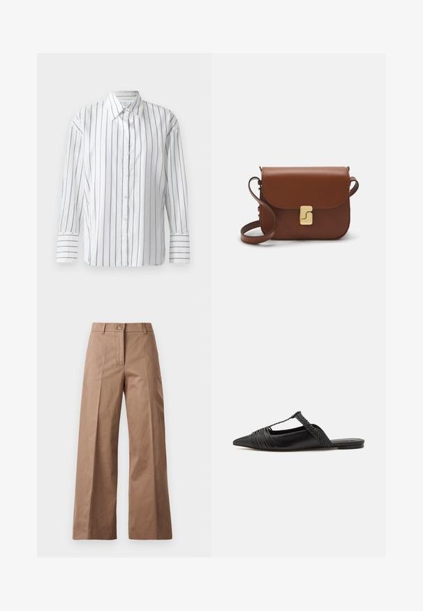 Camisa branca de mangas longas com finas riscas verticais azuis, com fecho de botões à frente e gola clássica. Tecido de algodão suave, corte descontraído.; Calças largas castanhas feitas de um tecido suave, com fecho frontal por botão, dois bolsos frontais e linhas limpas e ajustadas.; Sapatilha slingback em couro preto com bico pontudo, apresentando um detalhe trançado e um design superior plissado. Sola plana com hardware mínimo.; Bolsa de couro castanho com fecho de aba, decoração em tom dourado, alça de ombro e textura suave. Formato retangular compacto.