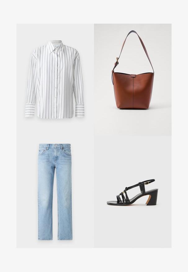 Balta ilgomis rankovėmis marškiniai su siaurais mėlynais vertikaliais dryžiais, su sagčių užsegimu priekyje ir klasikinio stiliaus apykakle. Lygus medvilninis audinys, laisvas siluetas.; Šviesiai mėlynos džinsinės kelnės su tiesiu siluetu, penkiomis kišenėmis, mygtuko ir užtrauktuko uždarymu bei šiek tiek išblukusia apdaila.; Paul Smith AMIRA - Klasikiniai aukštakulniai - black; Ruda odinė petinė rankinė su kreivam formu, lygia tekstūra ir viena plona juosta. Yra švelni siūlė ir mažas logotipo elementas.