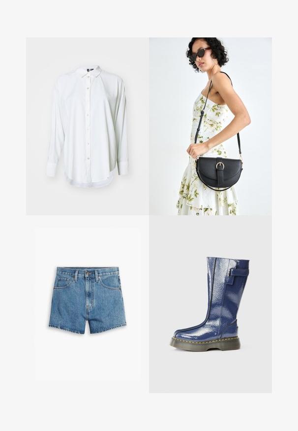 White long-sleeve shirt made of smooth fabric, featuring a collared neckline, button front, and a curved hem with rounded cuffs.; Denim shorts in light blue, featuring five pockets, a zip fly, and a button closure. The hem is frayed with a relaxed fit design.; Blue, glossy knee-high boot with a rounded toe, side zip, and vertical seam details. Features a thick, black platform sole with yellow stitching.; Black leather handbag with a curved shape, detachable strap, and gold hardware. The bag features a flap with a buckle detail.