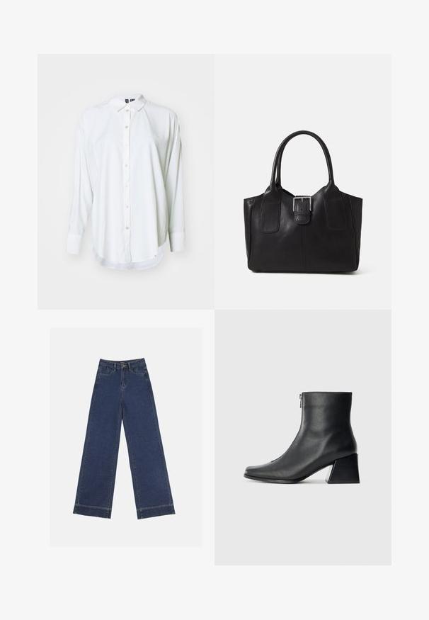 White long-sleeve shirt made of smooth fabric, featuring a collared neckline, button front, and a curved hem with rounded cuffs.; Wide-leg jeans in dark blue denim. Features five pockets, belt loops, and a raw hem at the bottom with visible stitching details.; Black leather ankle boot with square toe, side zipper, and block heel against plain light background.; Black leather tote bag with smooth texture, structured shape, two handles, and a prominent silver buckle detail on the front.; Silver double-band ring with a smooth, polished surface. Features a fluid, curved design with overlapping sections for a modern look.