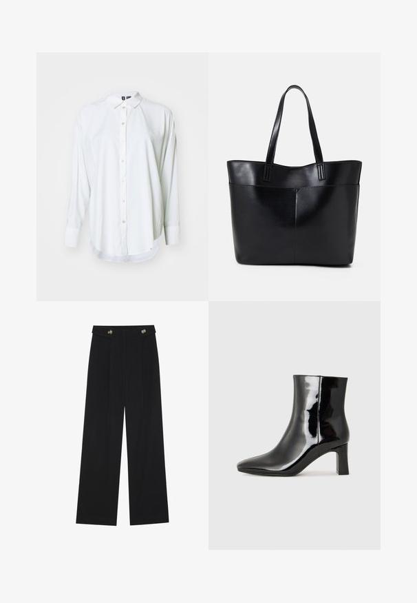 White long-sleeve shirt made of smooth fabric, featuring a collared neckline, button front, and a curved hem with rounded cuffs.; Black wide-leg trousers with high waist, button details on waistband, and front pleats.; Black patent leather ankle boot with a pointed toe and a mid-height block heel. Smooth texture and minimalist design.; Black leather tote bag with two long handles, a smooth texture, and a structured shape. Features a front pocket for additional storage.