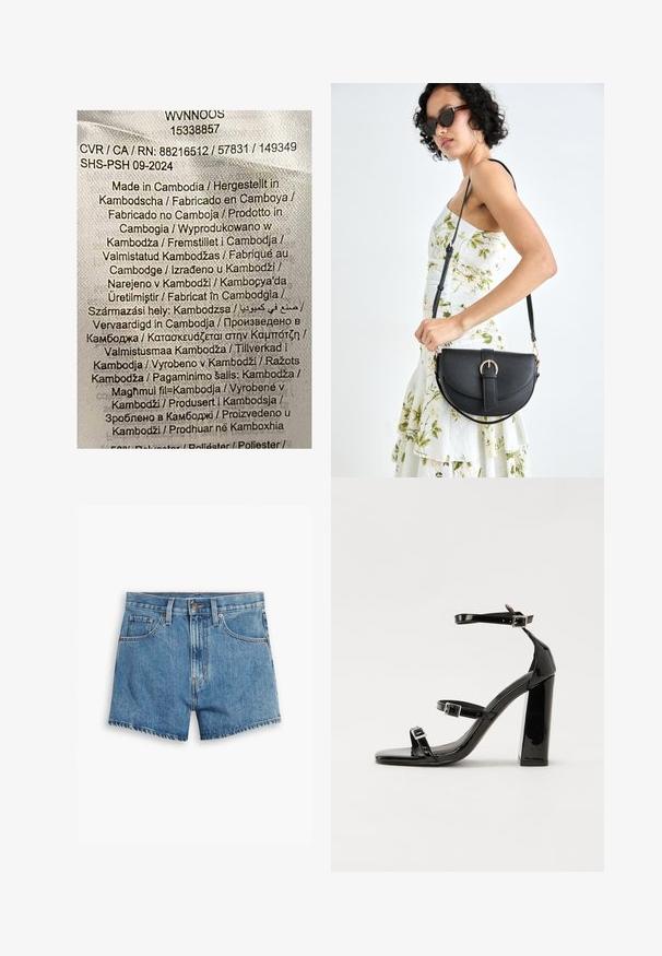 Oznaka z večbarvnim besedilom na svetlem tekstilnem ozadju. Navaja podrobnosti o proizvodnji v različnih jezikih; predvsem navaja "Narejeno v Kambodži."; Jeans kratke hlače v svetlo modri barvi, z povezavami za pet žepov, zadrgo in gumbom. Rob je razfrcan, oblikovane so v sproščenem kroju.; Črne lakaste sandale z visokimi petami, z dvema trakovoma z zaponkama, kvadratnim sprednjim delom in masivno širšo peto, z gladko, sijočo teksturo.; Črna usnjena torbica s ukrivljeno obliko, z odstranljivo naramnico in zlatimi dodatki. Torbica ima pokrov s podrobnostmi v obliki zaponke.