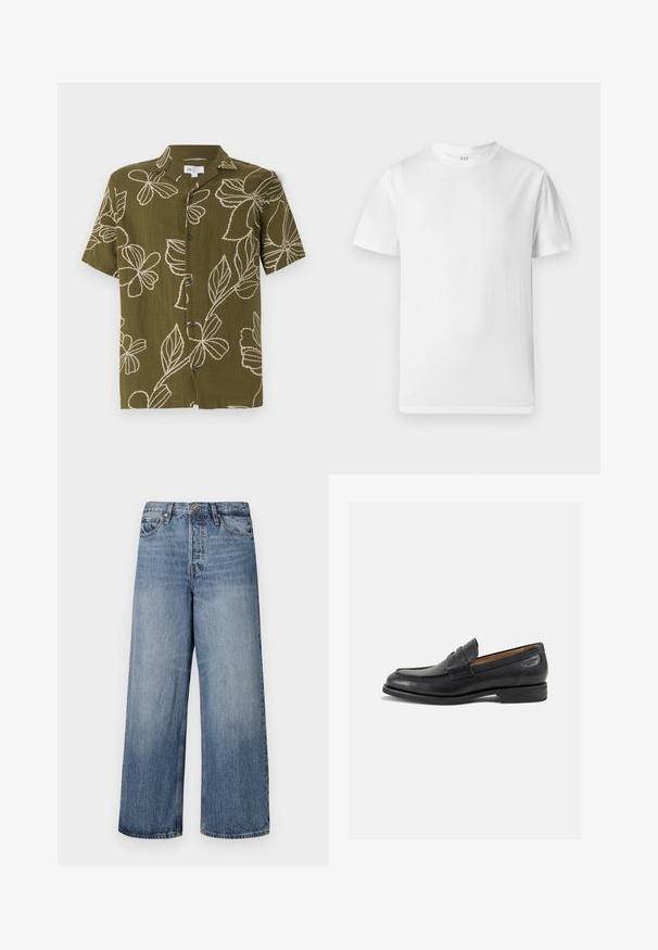 Īsās piedurknes olīvzaļā krekls ar baltu ziedu izšūšanu, pogājama priekšpuse un brīvi pieguļoša forma. Mīksta tekstūra, ikdienas dizains, kas piemērots siltam laikam.; Baltās īsām piedurknēm T-krekls, izgatavots no mīksta kokvilnas. Tam ir apaļa kakla izgriezums un taisna apmale ar minimāliem dekoratīviem elementiem.; Platas kājas zils džinsu bikses ar izbalējušu apdari, piecu kabatu dizains un pogu aizdare. Aprīkotas ar jostām un piešūtu detaļu.; Melnas ādas loafers ar gludu apdari, noapaļotu purngalu un dekoratīvām šuvēm uz virsu. Zems, sakrauta papēža un neliels spīdums.