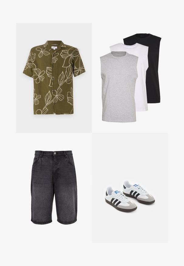 Kortærmet olivengrøn skjorte med hvid blomsterbroderi, knaplukning foran og afslappet pasform. Blød tekstur, afslappet design egnet til varmt vejr.; Tre ærmeløse t-shirts i grå, hvid og sort. Blødt bomuldsmateriale med rund hals og afslappet pasform. Enkel design, ingen mønstre.; Sorte denim shorts med en afslappet pasform, fem lommer og knaplukning. Stoffet har en glat tekstur med let falming.; Sportsko med en overdel i hvid læder, grå ruskind på tåen og tre sorte striber. Har et blåt logo på tungen og en struktureret gummisål.