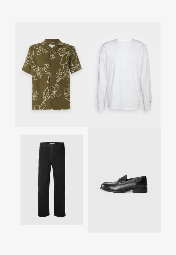 Korte mouwen olijfgroene shirt met witte bloemenborduursels, knoopsluiting aan de voorkant en een relaxte pasvorm. Zachte textuur, casual ontwerp dat geschikt is voor warm weer.; Witte lange mouwen T-shirt van katoen. Ronde hals ontwerp met ribgebreide manchetten en een klein logo op de linkermouw. Gladde textuur.; Zwarte denim rechte jeans hebben een klassiek vijf-pocket ontwerp met knoopsluiting, minimale stiksels en een zachte textuur.; Zwarte leren instappers met een gladde afwerking, gestikte details over de bovenkant en een licht verhoogde hak.