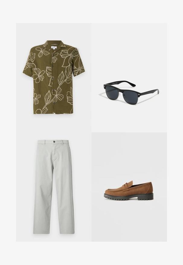 Lühikeste varrukatega oliiviroheline särk valgete lillede tikandiga, nööbid ees, pingevaba lõige. Pehme tekstuur, lõbus disain, mis sobib sooja ilma jaoks.; Heledad hallhalli sirged püksid, mis on valmistatud siledast kudumisest. Omab esist nupulahtust ja küljetaskuid. Minimalistlik stiil.; Pruun sametist loafers, millel on ümar varvas ja madal must kummitald, koos dekoratiivse rihma ja ülemise osa õmblustega.; Mustad mustmikrooni kujuga mustad prillid, tumedate klaasidega, hõbedased detailid templite juures ja mati viimistlusega raam.