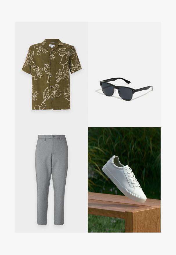 Trumpas rankovėmis alyvuogių žalias marškinis su baltomis gėlių siuvinėjimais, su mygtukų užtrauktuku priekyje ir laisvu kirpimu. Minkšta tekstūra, kasdieniškas dizainas, tinkantis šiltam orui.; Pilkos pritaikytos kelnės su subtilia tekstūra, tiesaus kirpimo, su priekyje esančiu mygtuko užsegimu. Yra diržo kilpos ir šoninės kišenės.; Baltos raištelinės sportbačiai, pakabinti virš medinės suolo su žaliais lapais fone, parodantys batų dizainą ir tekstūrą.; Juodos saulės akinių su stačiakampiu rėmeliu, tamsiais lęšiais, sidabrinėmis detalėmis šventrajose ir matinio paviršiaus rėmeliu.