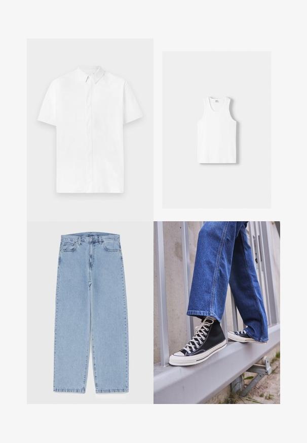 Kortærmet hvid skjorte med button-down krave, lavet af et glat stof, med en frontplacket og et rent, minimalistisk design.; Hvid bomulds tanktop med rund halsudskæring, brede skulderstropper og lige kant, der har en glat tekstur og uden synlige mønstre.; Lyseblå denimjeans med straight leg-design, der har en mid-rise talje, fem lommer og en lukning med knap og lynlås.; Sorte høj-top sneakers med hvid sål og snørebånd, parret med løse blå denimjeans, hvilende på et gråt gelænder.