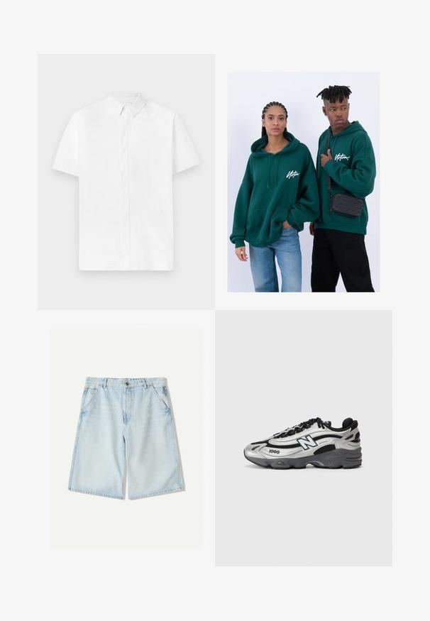 Lyhythihainen valkoinen paita, jossa on napitettava kaulus, valmistettu sileästä kankaasta. Paidassa on etupaneeli ja puhdas, minimalistinen muotoilu.; Vaaleansiniset farkkushortsit suoralla leikkauksella, varustettu vyölenkeillä, viidellä taskulla ja hienovaraisella kulumisella. Klassinen puuvillakankaan rakenne.; Hopeanväriset ja mustat urheilukengät, joissa on verkkosynteettinen päällinen, pehmustettu pohja, nauhakiinnitys ja sivupainatus.; Vihreät hupparit, joissa on etutaskut ja löysä istuvuus. Toisella mallilla on päällään mustat farkut ja toisella on musta olkalaukku.; Kultakankainen rannekello mustalla kellotaululla, kolmella alikellotaululla ja kumihihnalla, käytetään valkoisen pitsikuvioidun paidan kanssa.