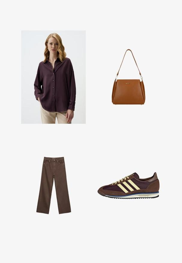 Dark purple button-up shirt with a relaxed fit, long sleeves, and a collar. Smooth texture with subtle sheen, paired with light-colored trousers.; Wide-leg brown jeans made of denim, featuring a high waist, front pockets, and a classic button closure. Smooth texture with subtle stitching.; Brown and burgundy sneaker with suede and mesh materials, featuring three cream stripes, textured fabric on the tongue, and a rubber sole.; Brown leather handbag with a textured surface, a single shoulder strap, and a subtle logo on the front. Features a structured design.