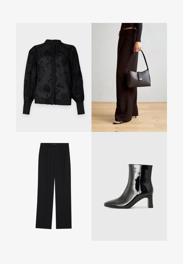 Blusa nera con motivo floreale ricamato, collo alto, polsini aderenti e chiusura con bottoni sul davanti. Tessuto trasparente con dettagli testurizzati.; Pantaloni neri con un design a gamba dritta, dotati di due tasche frontali e di una vita. Realizzati in un tessuto morbido e leggero.; Stivaletto in pelle verniciata nera con punta a punta e tacco a blocco di altezza media. Texture liscia e design minimalista.; Borsa nera con forma strutturata, texture liscia e una chiusura metallica. Abbinata a pantaloni neri larghi e sandali open-toe su un pavimento in legno.