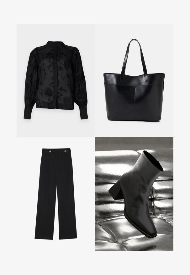 Černá blůza s vyšívaným květinovým vzorem, vysokým výstřihem, přiléhavými manžetami a knoflíkovým zapínáním vpředu. Průhledná látka s texturovanými detaily.; Černé široké kalhoty s vysokým pasem, detailní knoflíky na pase a přední záhyby.; Černá kotníková bota vyrobená z lesklého materiálu se čtveratou špičkou a zúženým podpatkem, umístěná na lesklém stříbrném prošívaném pozadí.; Černá kožená taška s dlouhými ušima, hladkým povrchem a strukturovaným tvarem. Obsahuje přední kapsu pro další úložný prostor.