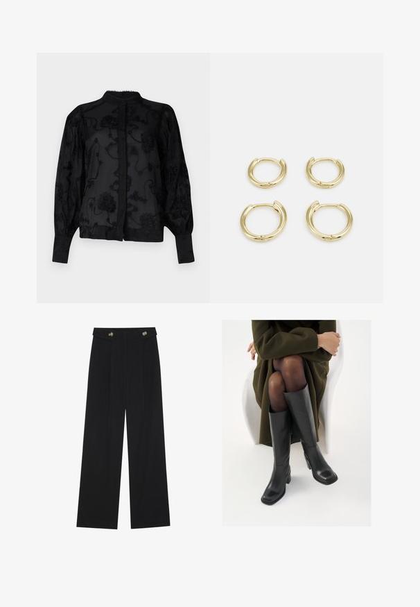 Schwarze Bluse mit besticktem Blumenmuster, hohem Kragen, enganliegenden Manschetten und Knopfleiste vorne. Durchscheinender Stoff mit strukturierten Details.; Schwarze weite Hosen mit hoher Taille, Knopfdetails am Bund und vorderen Falten.; Knöchelhöhe schwarze Lederstiefel mit quadrater Spitze und Blockabsatz, gezeigt mit einem Modell, das einen olivgrünen Mantel trägt. Glatte Textur, minimale Details.; Goldene Creolen, vier Stück, mit glatter Oberfläche, runder Form, in verschiedenen Größen, mit einem klappbaren Verschluss für einfaches Anlegen.