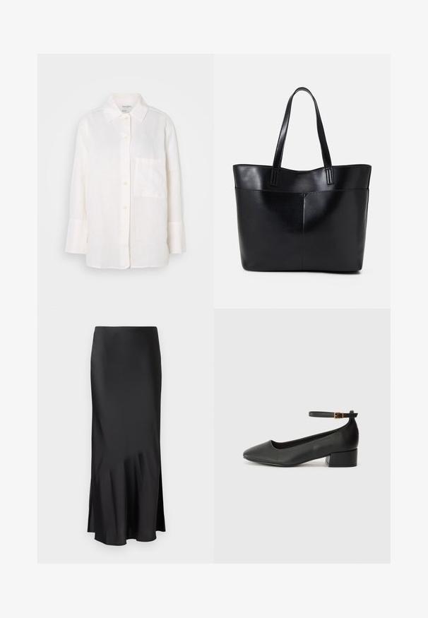 Weißes, langärmliges Leinenhemd mit einem Button-Down-Kragen. Verfügt über eine Brusttasche und eine entspannte, leicht übergroße Passform. Strukturierter Stoff.; Schwarzer Satin-Midi-Rock mit einem eleganten Design, der am Saum leicht ausgestellt ist und eine seitliche Schlitze für mehr Bewegungsfreiheit bietet. Glatte Textur.; Schwarze Lederpumps mit spitzem Zehenbereich und niedrigem Blockabsatz. Mit einem Knöchelriemen und einer goldfarbenen Schnalle. Glatte Textur.; Schwarze Leder-Shopper-Tasche mit zwei langen Griffen, einer glatten Textur und einer strukturierten Form. Verfügt über eine Vordertasche für zusätzlichen Stauraum.