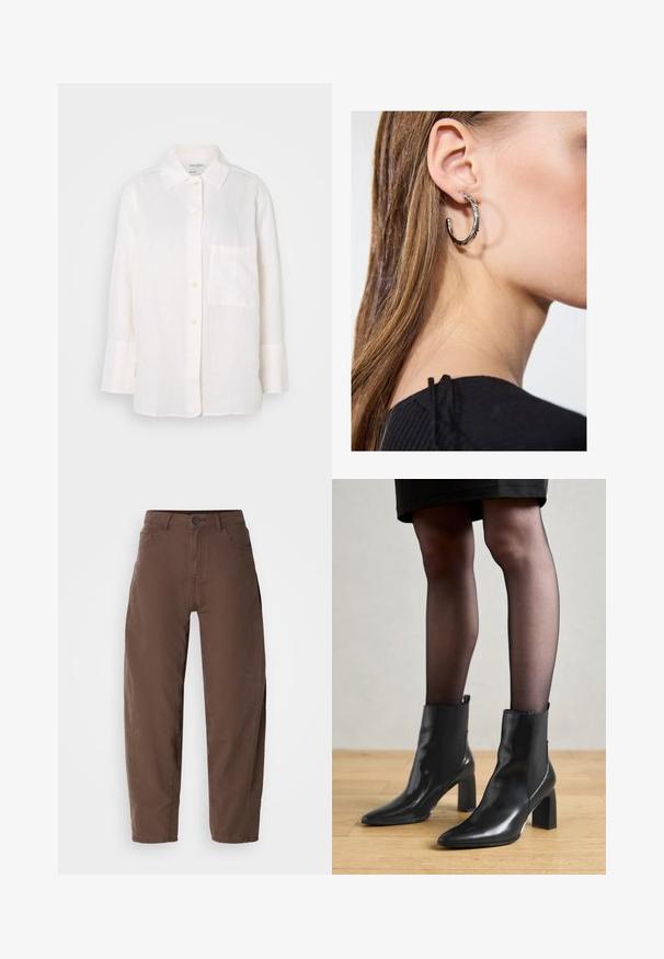 Camicia bianca in lino a maniche lunghe con colletto button-down. Presenta una tasca frontale e una vestibilità rilassata, leggermente over-size. Tessuto texturizzato.; Pantaloni marroni a gamba dritta con bottone e zip frontali, passanti per cintura e tasche laterali, mostrati su uno sfondo bianco.; Stivaletti neri in pelle con punta affusolata, tacco quadrato imponente e design elegante. Dotati di pannelli laterali elasticizzati per una facile vestibilità.; Orecchino a cerchio in argento con finitura lucida, caratterizzato da piccoli dettagli in oro e una forma tondeggiante, indossato sul lobo.
