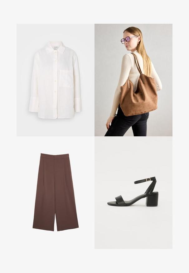 Weißes, langärmliges Leinenhemd mit einem Button-Down-Kragen. Verfügt über eine Brusttasche und eine entspannte, leicht übergroße Passform. Strukturierter Stoff.; Braune Weite-Leg-Hosen mit einer glatten Textur, hoher Taille und Vorderfalten. Der Stoff ist leicht und fällt locker.; Schwarze High Heels Sandalen mit einem glatten Lederoberteil, offener Zehenpartie, breiten Vorderstraps und verstellbarem Knöchelriemen mit einem goldenen Schnallen-Detail.; Braune Wildleder-Tasche mit weicher Textur, großer Öffnung und langen Trägern. Sie verfügt über ein simples Design mit sichtbarem Stich und ohne Beschläge.