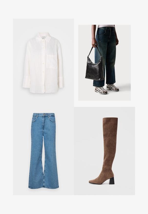 Biela, ľahká ľanová košeľa s dlhým rukávom a golierom na zapínanie. Má predné vrecko a uvoľnený, mierne nadmerný strih. Textúrovaná tkanina.; Svetlomodré rozšírené džínsy vyrobené z denimu, s vysokým pásom, piatimi vreckami a jednopoložkovým zapínaním na gombík. Mäkká textúra s vyblednutým povrchom.; Hnedé nadkolenné bootky vyrobené z mäkkého semišu, s špicatou špičkou a masívnym čiernym podpätkom. Dizajn obsahuje bezšvové šitie pre elegantný vzhľad.; Čierna kožená taška cez rameno s hladkou textúrou a nastaviteľným popruhom, skombinovaná s vyblednutými širokými džínsy a športovými teniskami.