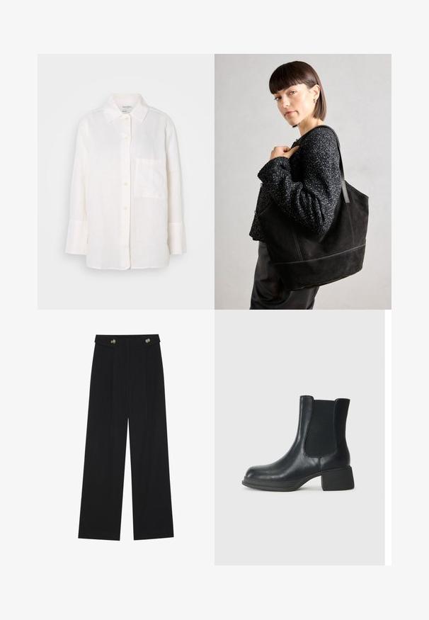 Weißes, langärmliges Leinenhemd mit einem Button-Down-Kragen. Verfügt über eine Brusttasche und eine entspannte, leicht übergroße Passform. Strukturierter Stoff.; Schwarze weite Hosen mit hoher Taille, Knopfdetails am Bund und vorderen Falten.; Schwarze Leder-Stiefelette mit elastischen seitlichen Einsätzen, runder Zehenpartie und niedrigem Blockabsatz. Die Oberfläche hat eine glatte Textur und minimalistische Details.; Schwarze Wildleder-Tote-Tasche mit glatter Textur, strukturiertem Design und kontrastierenden Nähten. Verfügt über lange Träger zum Tragen über der Schulter.