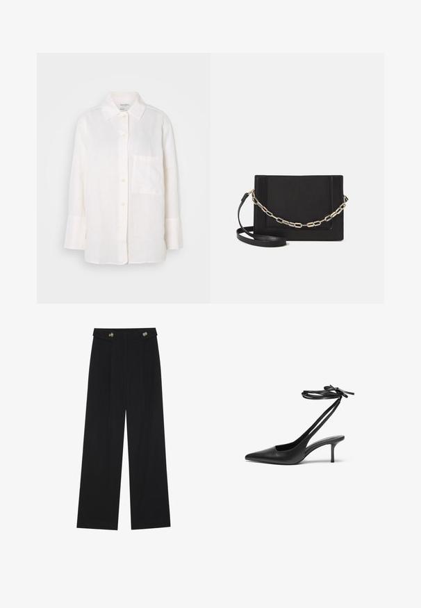 Camicia bianca in lino a maniche lunghe con colletto button-down. Presenta una tasca frontale e una vestibilità rilassata, leggermente over-size. Tessuto texturizzato.; Pantaloni neri a gamba larga con vita alta, dettagli con bottoni in vita e pieghe frontali.; Scarpa stiletto nera in pelle con punta affusolata, retro aperto e cinghie alla caviglia legate a fiocco. Tacco sottile di 7,5 cm. Texture liscia, design minimalista.; Borsa a tracolla nera in pelle con una texture liscia, forma rettangolare e dettaglio in catena metallica sul davanti. Inclusa una tracolla regolabile.