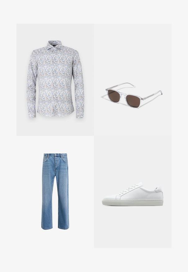 Dolga majica v svetlo sivi barvi z cvetličnim vzorcem v modri in rjavi barvi. Ima standardni ovratnik in zapiranje na gumbe. Narejena je iz bombažnega blaga.; Svetlo modre denim kavbojke s ravno nogavico, petimi žepi, z gumbom za zapiranje, minimalnim zbledelostjo in kontrastnimi šivi.; Bela športna obutev z gladkim usnjenim zgornjim delom in nizkim profilom. Ima zaokrožen nos, šest lukenj za vezalke in teksturiran gumijast podplat.; Jasne plastične naočale s pravokutnim smeškim lećama, koje imaju tanke, prozirne drške i metalne detalje na sljepoočnicama.