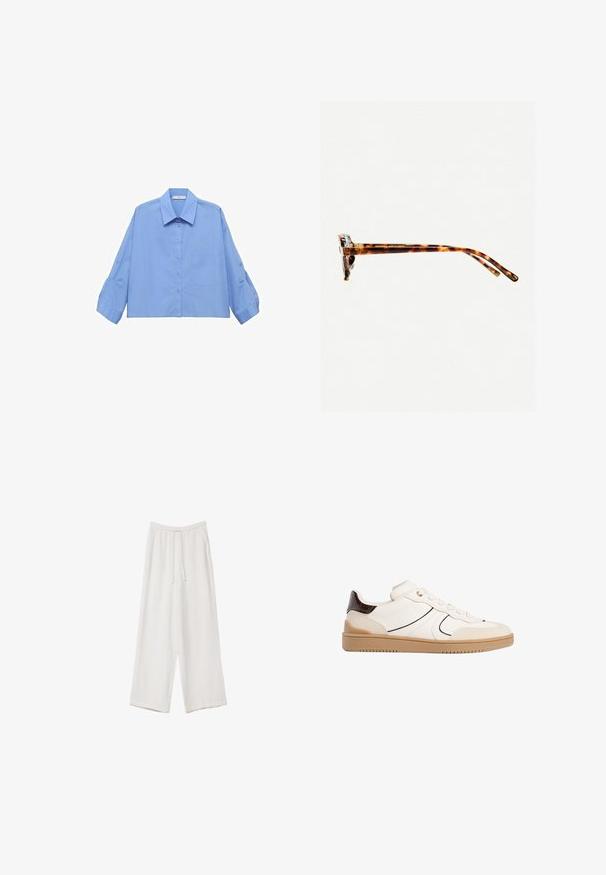 Svetlo modra skrajšana srajca na gumbe s ovratnikom, dolgimi rokavi in enim žepom na prsih. Izdelana iz gladkega materiala.; Bele široke hlače iz lahkega materiala. Imajo elastičen pas s vrvico in stranske žepe. Gladka tekstura.; Stradivarius Športni copati - white; Sončna očala iz želvosliva z debelimi okvirji, rahlo ukrivljenimi nogicami in gladko teksturo. Imajo klasičen dizajn z sijočim finišom.
