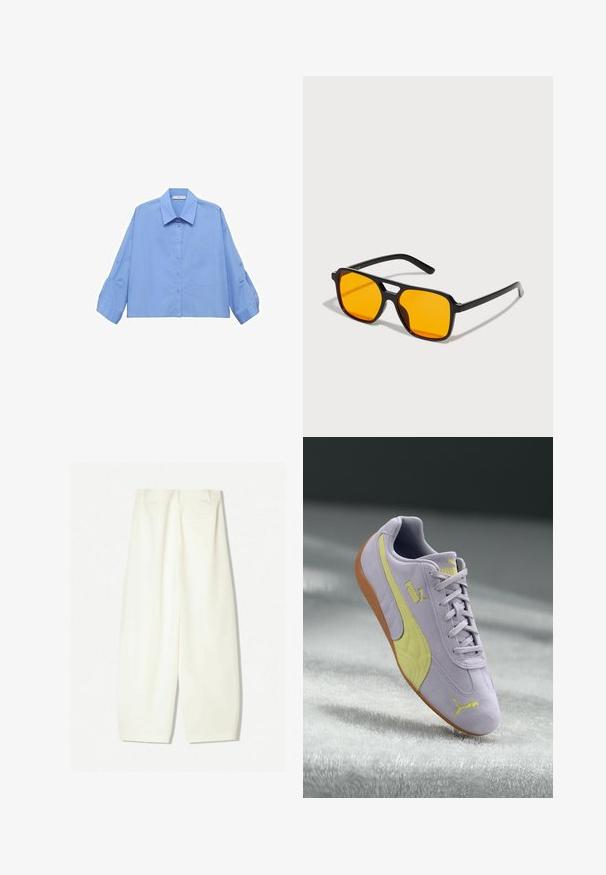 Světle modrá zkrácená košile na knoflíky s límečkem, dlouhými rukávy a jednou náprsní kapsou. Vyrobena z hladkého materiálu.; Kalhoty s širokými nohavicemi v jemné krémové tkanině, s hladkou texturou, předními kapsami a uvolněným střihem s mírně zvýšeným pasem.; Světle fialové semišové tenisky se žlutými akcenty, texturovanou boční částí, šněrovacím designem a gumovou podrážkou. Logo Puma na boku.; Černé obdélníkové sluneční brýle s výraznými oranžovými skly. Mají jedinečný design mostu a hladké nožky, vyrobené z lehkého materiálu.