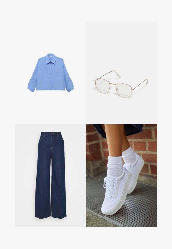 Light blue cropped button-up shirt with a collar, long sleeves, and a single chest pocket. Made from smooth fabric.; High-waist wide-leg dark blue denim jeans with front and back pockets, button closure, and visible stitching details.; White canvas sneakers with rubber soles, featuring six eyelets, round toe, and light stitching details, paired with white ankle socks.; Rectangular eyeglasses with a thin, rose gold metal frame. Clear lenses, transparent temple tips, and delicate detailing around the lenses.