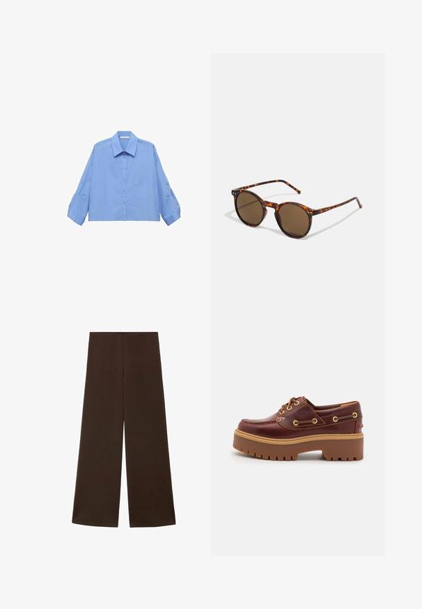 Svetlomodrá skrátená košeľa na gombíky s golierom, dlhými rukávmi a jedným vreckom na hrudi. Vyrobená z hladkej tkaniny.; Široké nohavice vyrobené z hladkej, tmavohnedej tkaniny. Majú vysoký pás a minimalistický dizajn bez ozdôb.; Hnedé kožené člunkové topánky s masívnou hnedou gumovou podrážkou, zlatými okami a kontrastným prešívaním. Obsahuje logo na boku.; Kulaté slnečné okuliare s rámom z korytnačiny a hnedými sklami. Majú tenké nožičky s jemnou textúrou a kovovými akcentmi blízko skiel.