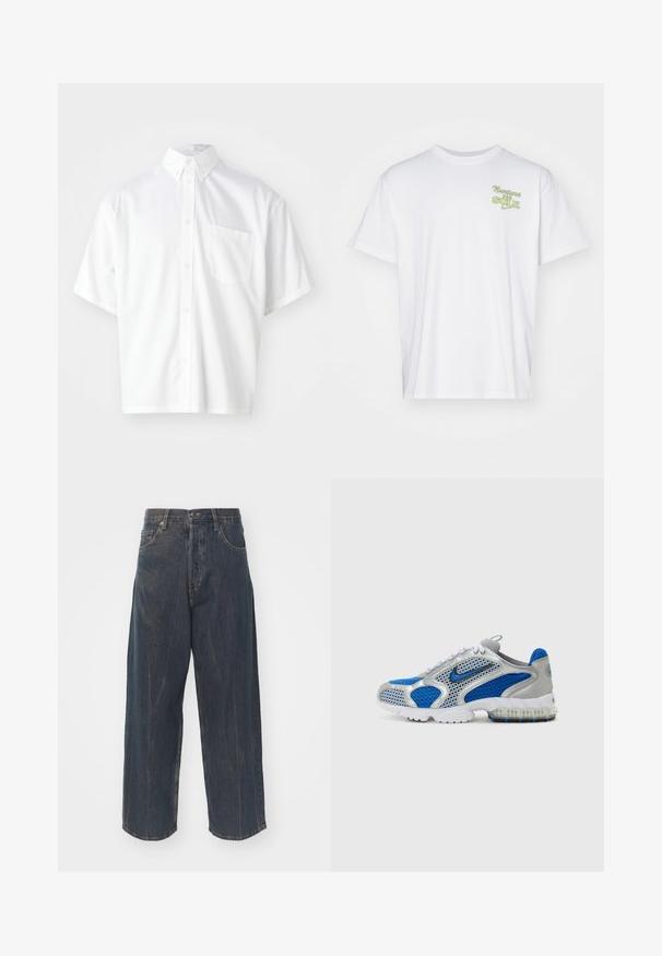 Īsām piedurknēm balta krekla, izgatavota no gludas auduma, ar pogājamu apkakli un vienu priekšējo kabatu kreisajā pusē.; Balta kokvilnas T-krekls ar brīvu piegriezumu. Uz kreisā krūšu daļas ir zaļa druka ar tekstu "Nurture Sole". Regulāls apaļais dekoltē, īsās piedurknes.; Plašas kāju tumši zili džinsi ar vieglu nolietojumu, pieci kabatas un klasiskā pogu un rāvējslēdzēja aizdare jostasvietā.; Zili un sudraba sporta apavi ar sieta paneļiem, mīkstu apkakli un caurspīdīgu zoli ar ziliem akcentiem. Kontrastējošas šņorītes noslēdz dizainu.