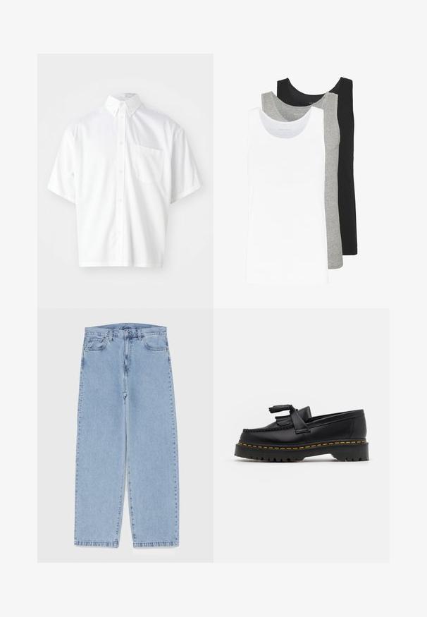 Kurzärmliges weißes Hemd aus glattem Stoff, mit einem Button-Down-Kragen und einer einzelnen Brusttasche auf der linken Seite.; Drei Tanktops in Weiß, Grau und Schwarz. Jedes hat ein klassisches ärmelloses Design und besteht aus leichtem Baumwollstoff mit einer Rippstruktur.; Hellblaue Jeans aus Denim mit geradem Bein, ausgestattet mit einer mittelhohen Taille, fünf Taschen sowie einem Knopf- und Reißverschluss.; Schwarze Lederloafers mit einem fransenverzierten Akzent, ausgestattet mit einer robusten schwarzen Sohle und gelber Naht entlang der Kante. Texturierte Oberfläche.