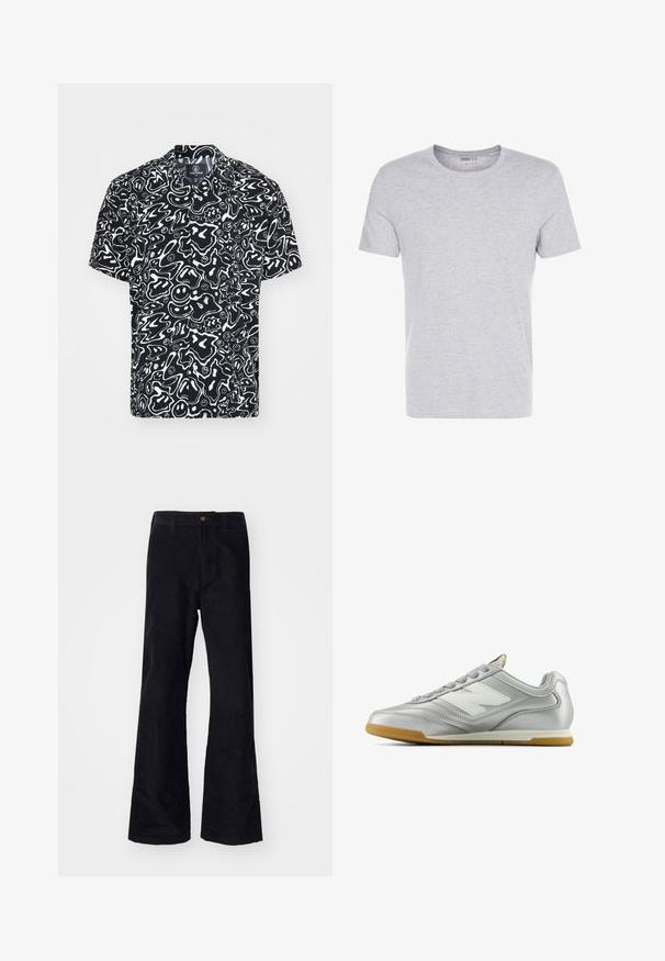 Koszula z krótkim rękawem wykonana z materiału o czarnym tle i białych abstrakcyjnych wzorach, w tym uśmiechnięte twarze i różne kształty.; Szara bawełniana koszulka z okrągłym dekoltem, krótkimi rękawami i gładkim wzorem, charakteryzująca się miękką, gładką fakturą oraz brakiem widocznych wzorów czy ozdób.; Czarne, bawełniane spodnie w typie dzwonów z tradycyjnym paskiem, pojedynczym zapięciem z przodu oraz kieszeniami po bokach i z tyłu. Gładka powierzchnia.; Srebrny but sportowy o gładkiej, błyszczącej powierzchni, z białym logo z boku, teksturowanymi szarymi sznurówkami i podeszwą z gumy.