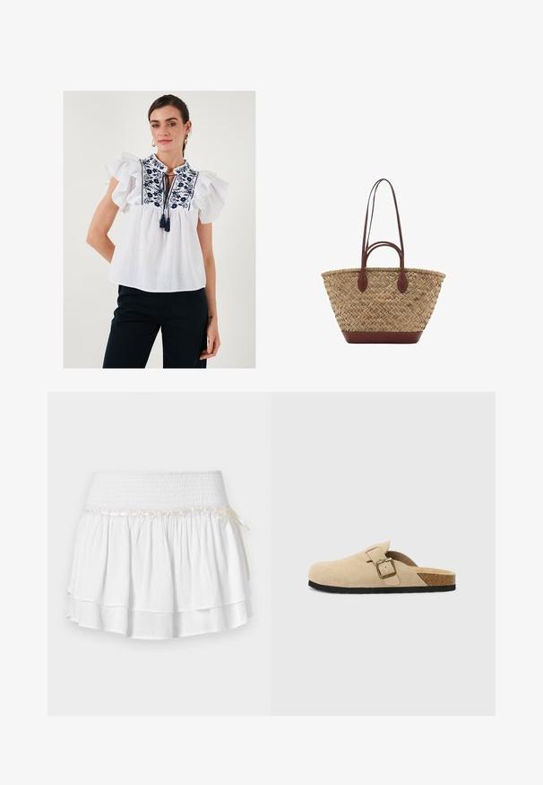 Hvid bluse med rynkede korte ærmer, broderet blomsterdesign i marineblå, nøglehulslukning med snøre ved halsudskæringen, letvægtsstof.; Hvid tiered nederdel med elastisk talje, der har en tekstureret smocking-detalje og en dekorativ båndaccent. Lavet af bomuldsstof.; Beige ruskinds-sandaler med korkfodseng, rund tå og en enkel rem med en guldfarvet spænde. Gummisål for godt greb.; Vævet strå tote taske med flettet tekstur, mørkebrune læderhåndtag og bund, bred cirkulær form og åben topdesign.