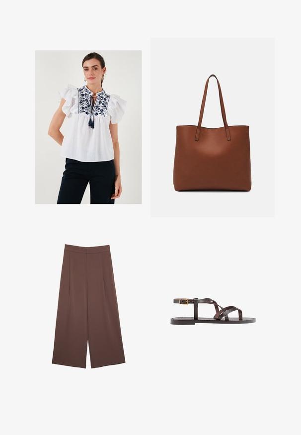 White blouse with ruffled short sleeves, embroidered floral pattern in navy, keyhole tie detail at the neckline, lightweight fabric.; Brown wide-leg trousers with a smooth texture, featuring a high waist and front pleats. The fabric is lightweight and flows loosely.; Brown leather sandal featuring crisscross straps, an ankle buckle closure, and a flat sole with minimal stitching details.; Brown leather tote bag with a smooth texture, open top design, and two shoulder straps. Features minimal stitching and no visible hardware.